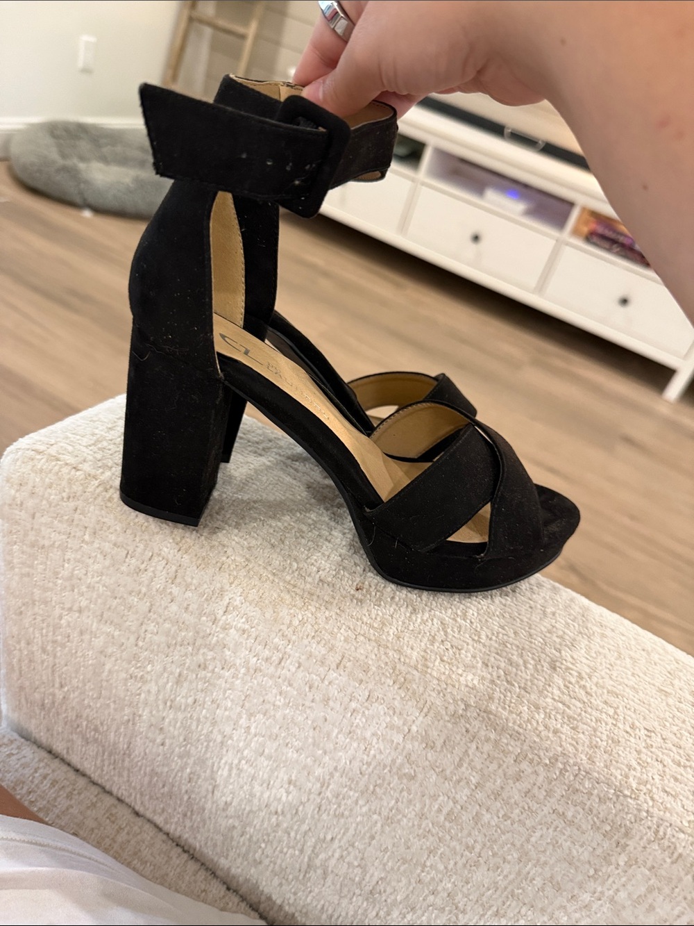 CL by Laundry Black Crisscross Suede Ankle-Strap Block Heels